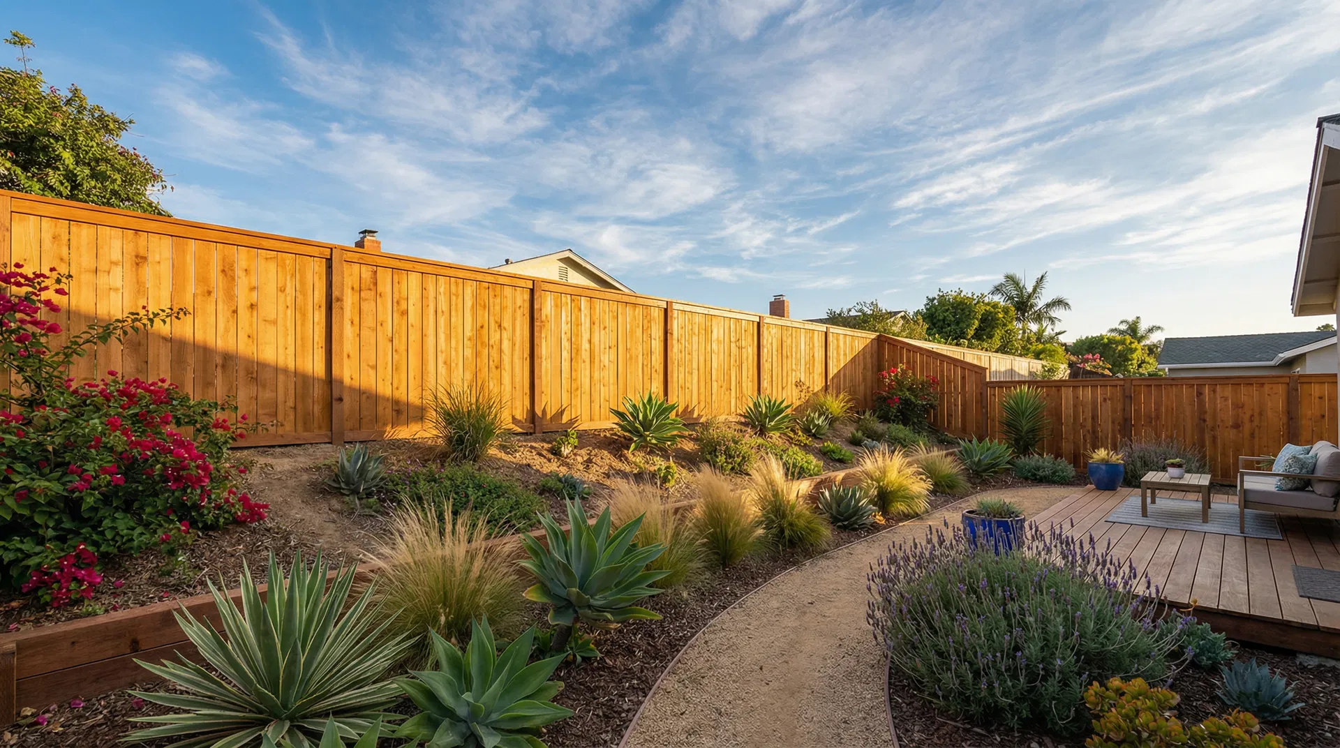 Finished wood privacy fence in a landscaped backyard