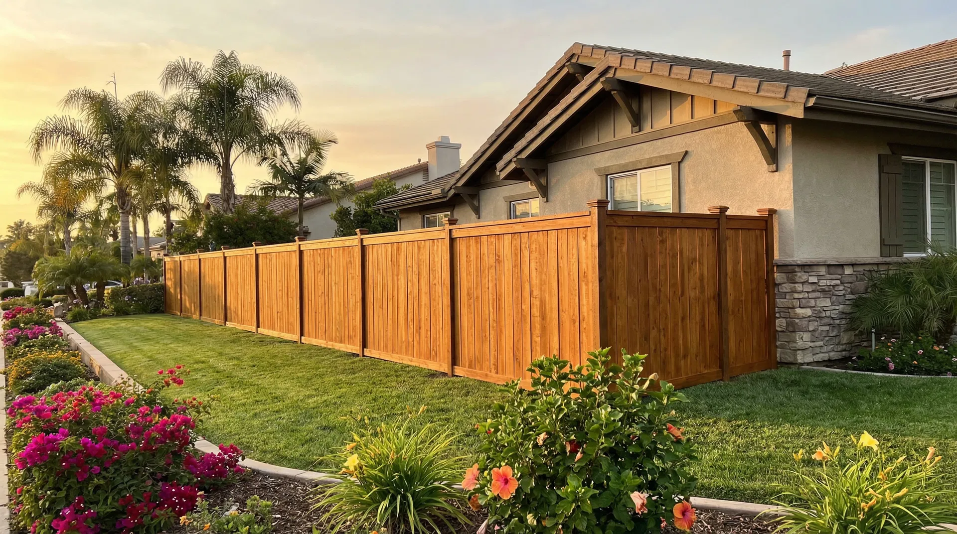 New wood perimeter fence surrounding a residential property