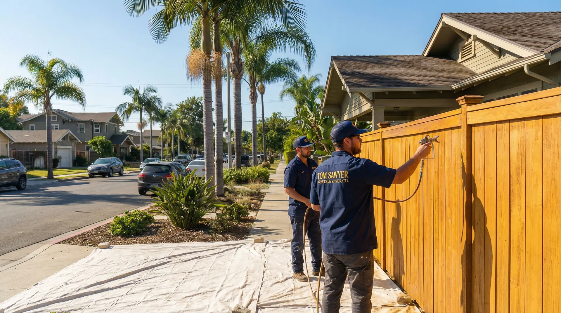 Tom Sawyer crew staining a residential wood fence